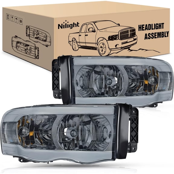 Nilight Headlights Assembly Led DRL for 2002-2005 Dodge Ram 1500/2003 2004 2005 Dodge Ram 2500 3500 Headlamp, Smoke Housing Clear Reflector