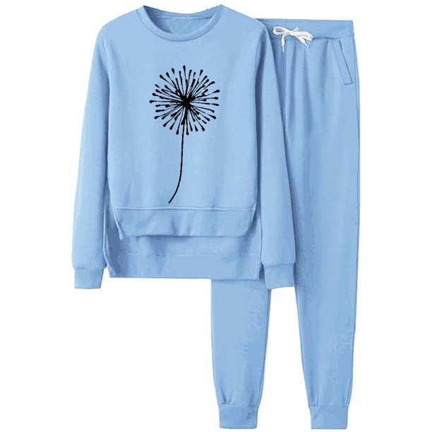 Gibobby Conjuntos de sudadera con bloques Trajes informales con estampado de diente de león, cuello redondo, manga larga y pantalones largos para mujer para l(Azul,M)