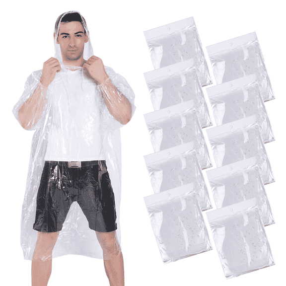 XKDOUS 10 Pack Disposable Rain Ponchos for Adults, Ponchos for Rain with Drawstring Hood, Portable Rain Poncho for Women and Men, Clear Travel Rain Poncho for Outdoor, Daily Use