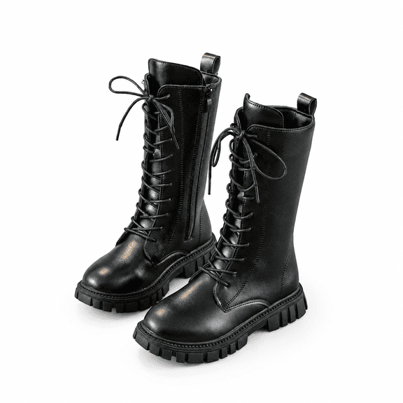 Girls Combat Boots, Lace-Up Mid-Calf Riding Boots with Side Zipper and Lug Sole, Little/Big Kids