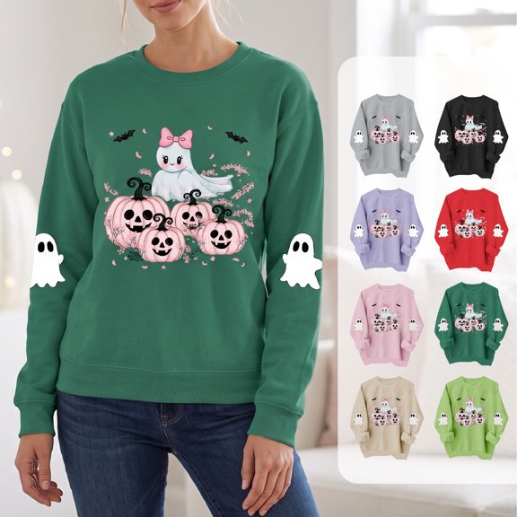 NSLGXD Halloween Sweatshirts for Women Plus Size Ghost Graphic Pullovers Vintage Work Round Neck Long Sleeve Shirt Tops Halloween Costumes