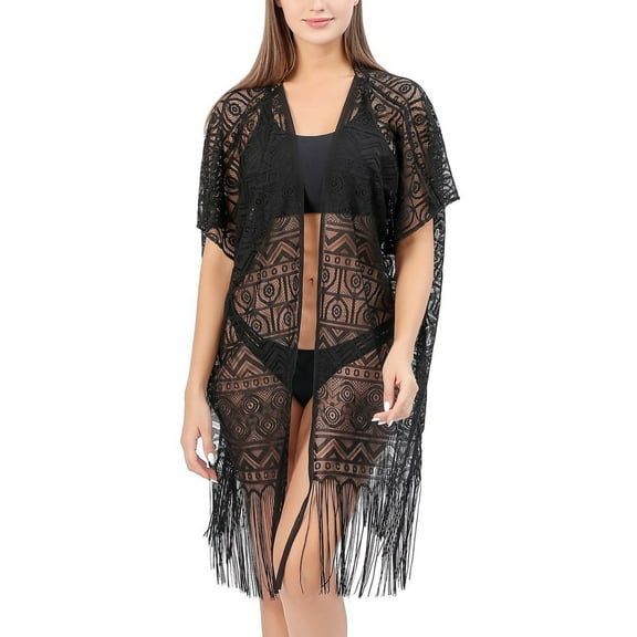 Lu's Chic Women's Crochet Bikini Cover Up Beach Beachwear Light Sexy Spring Short Sleeve Sheer Lace Cover Up Black One Size