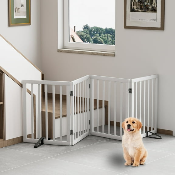 Algherohein Dog Gate for Inside,Bamboo Freestanding Pet Gate for Doorways,24" White