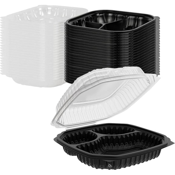 EcoQuality 9x9x3 Inch 3 Compartment Black Hinged Takeout Containers with Clear Lids Food Storage Clamshell for Meal Prep, Restaurant, Catering, and Takeout Packaging (40)