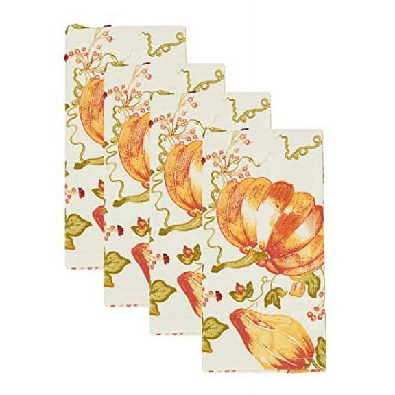 Fennco Styles Harvest Pumpkins & Foliage Design Cotton Cloth Napkins 20"W x 20"L, Set of 4 - Multicolor Dinner Napkins for Thanksgiving, Fall Festivals, Family Gatherings, Special Events, Home Décor