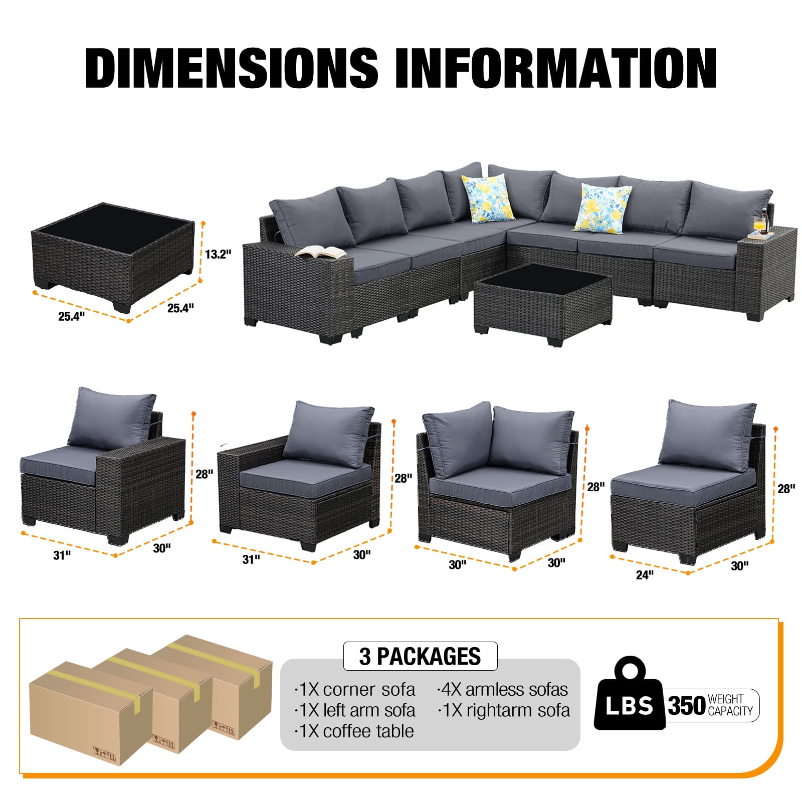 TerraRelax 8 Pieces Patio Furniture set All-Weather Outdoor Wicker Sectional Conversation Sofa Rattan patio seating sofa with cushion and Glass Table and Ottoman for Porch Poolside,GREY