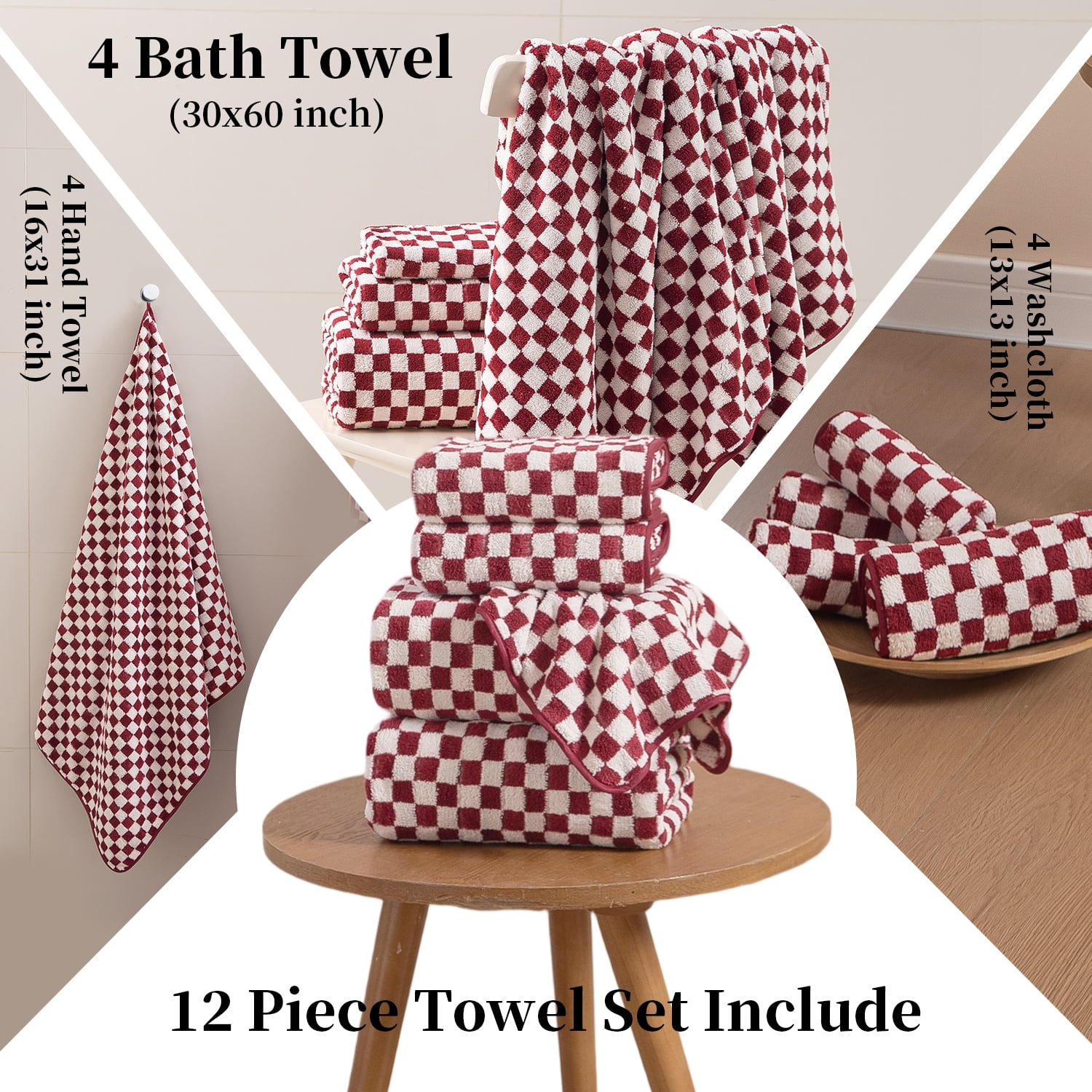 Beartech 12 Piece Microfiber Bath Towel Set:4 Bath Sheet Towels,4 Hand,4 Washcloths Ultra Soft & Absorbent,Quick Dry & Less Lint Shower Towels Set For Bathroom Hotel-Burgundy