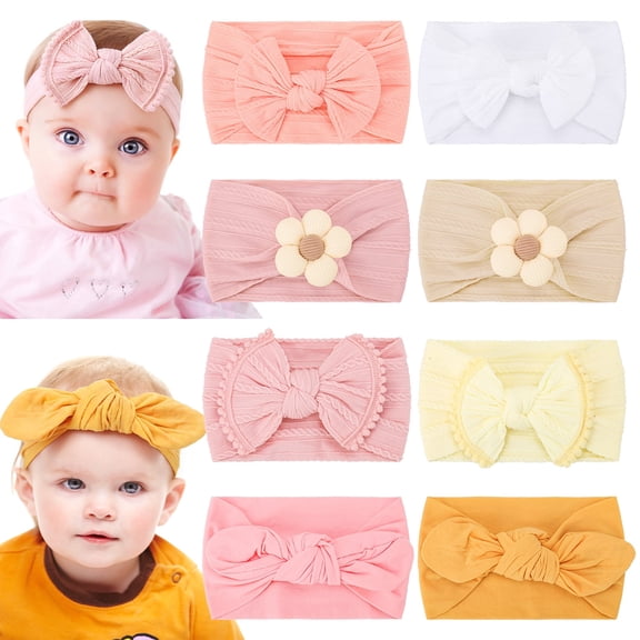 Bocaoying 8 Pack Baby Girls Headbands with Bows, Soft Elastic Head Wrap for Newborn Infant Toddler, 4 Styles in Pink White Yellow, Wide Band 5.5-7", Ideal for Newborn Photoshoot & Baby Shower Gift