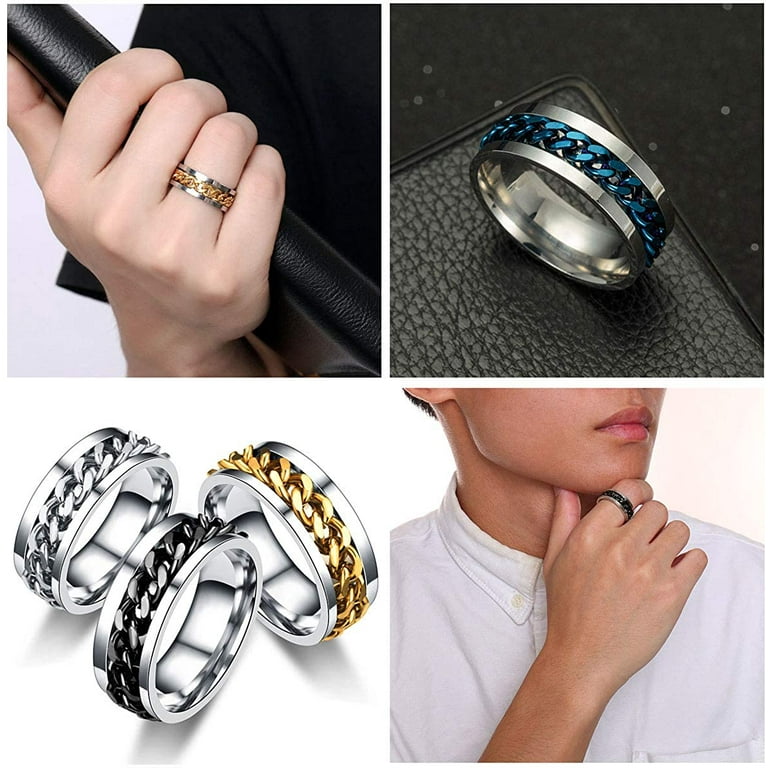yfstyle 4pcs Plain Band Rings for Men Stainless Steel Rings for Men Wedding Ring Cool Spinner Rings for Men Black Stainless Steel Ring Set Anxiety