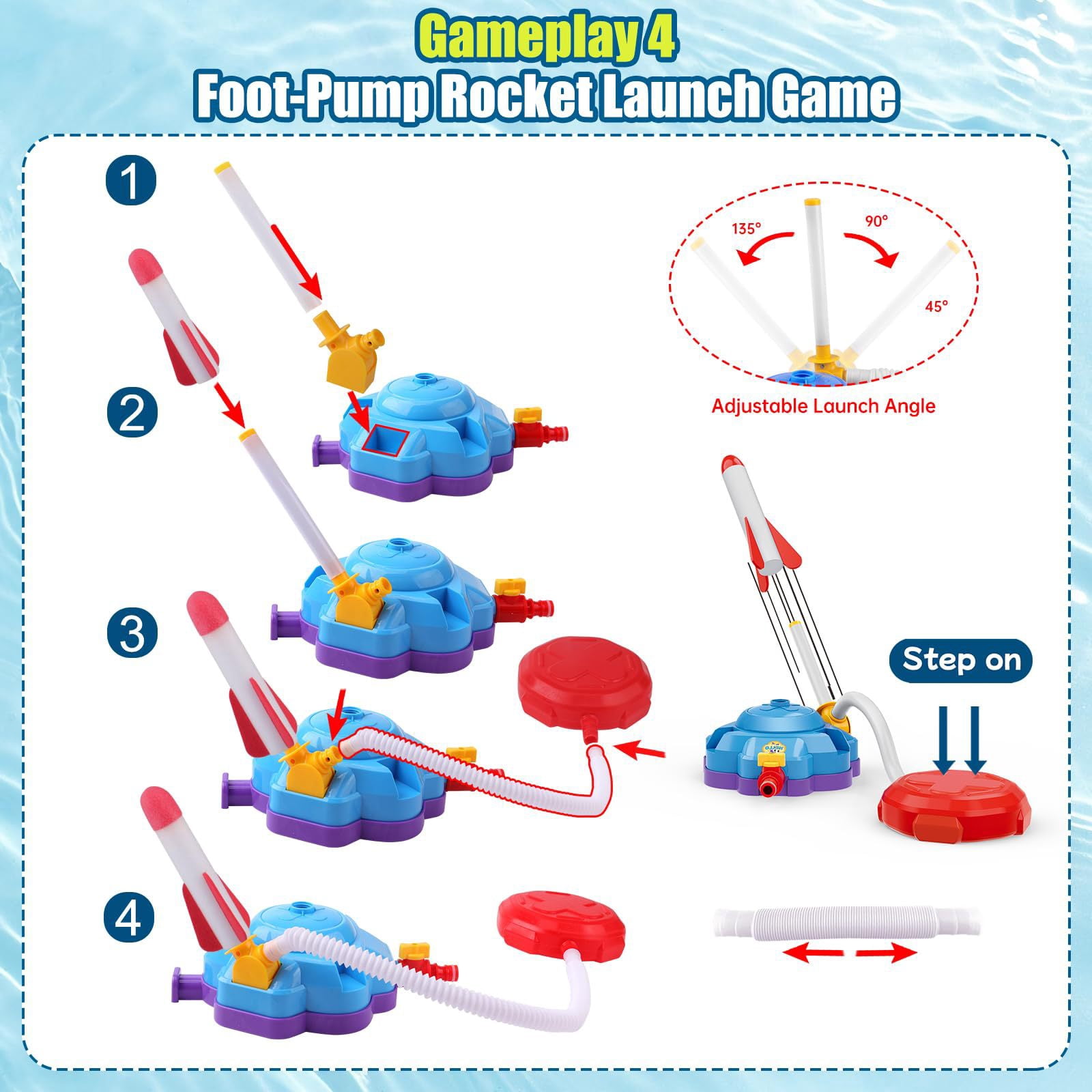 4-in-1 Kids Water Sprinkler Toys, Summer Outdoor Water Baseball/360° Rotating Sprinkler/Stomp Rocket/Rocket Launcher for Backyard Outdoor Summer Toys for Boys Girls