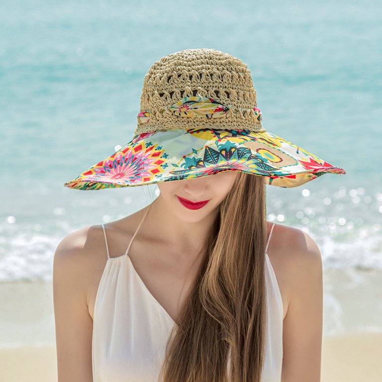 Women Wide Brim Straw Sun Beach Hat Summer Boho Foldable Floppy Straw UV  Protection Travel Holiday Hats for Women Girls