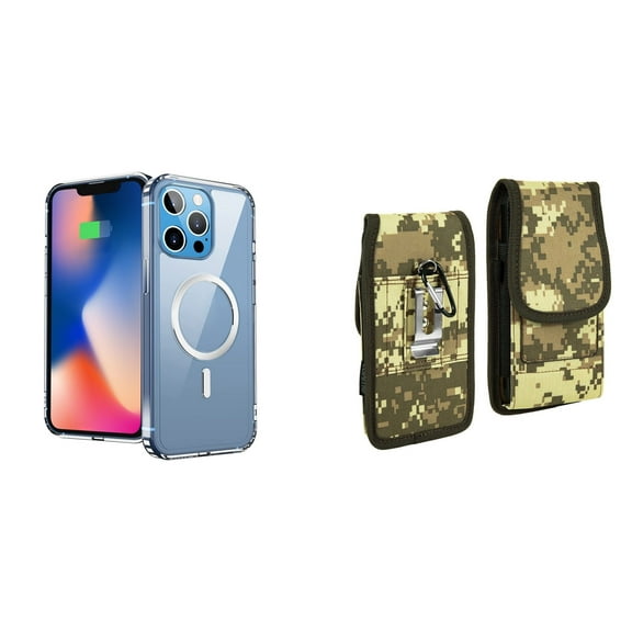 Ultra Clear Case (MagSafe Compatible) and Belt Holster Pouch for Apple iPhone 14 Pro (Black/ACU)