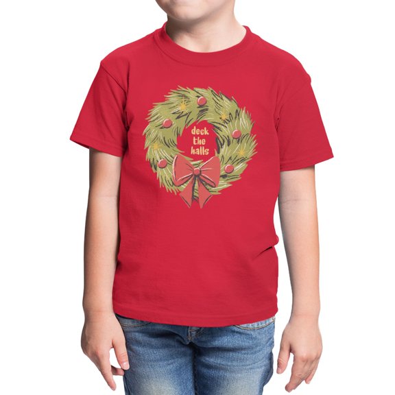 Graphic Apparel Christmas Youth Deck The Halls Wreath T-Shirt - Red - X Large