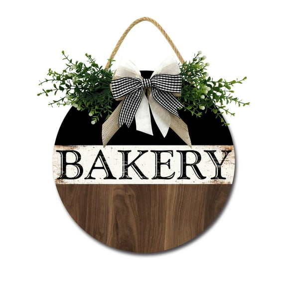 Eveokoki Bakery Front Door Sign Funny Wreaths Hanging Wooden Plaque Decoration Round Rustic Wood Farmhouse Porch Decor for Home Front Door Decor, 12 x 12 Inch