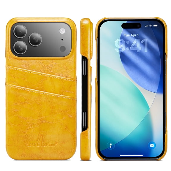Back Wallet Case for iPhone 17 Pro, Vintage Oil Wax Pattern PU Leather Cover with Back Card Slots Holder Rugged Anti-Scratches Shockproof Protective Slim Case for iPhone 17 Pro, Yellow