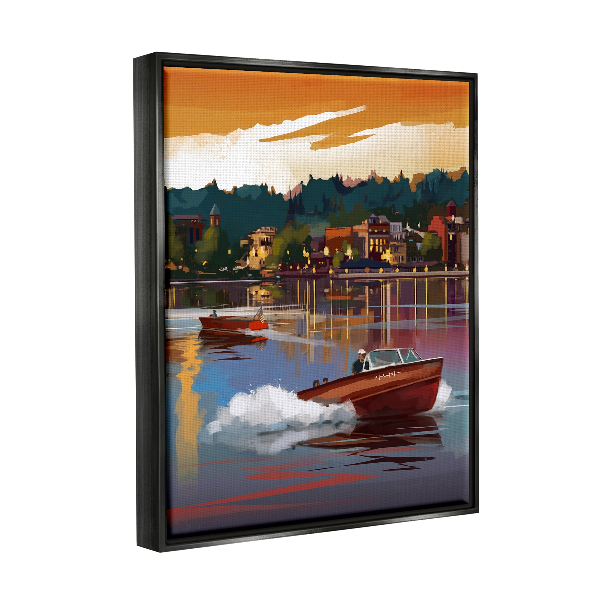 Stupell Industries Boats at Sunset Pier Transportation Painting Black Floater Framed Canvas Art Print Wall Art, 17 x 21