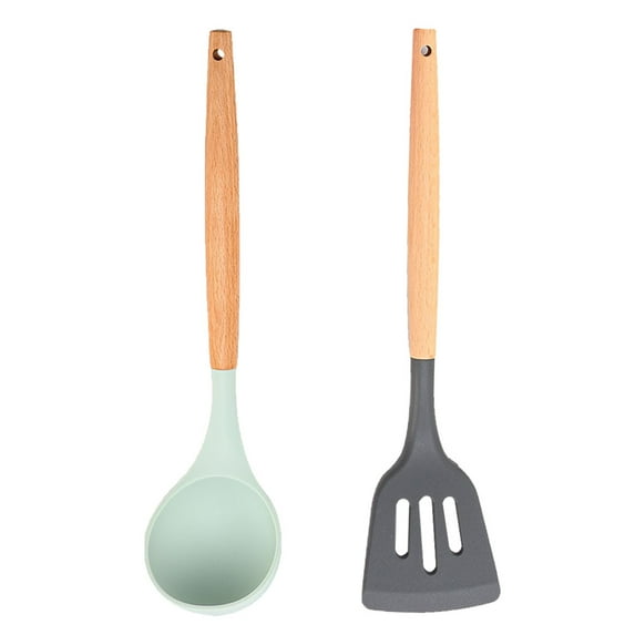 Silicone Cooking Utensils,2 Pc Kitchen Utensil Set, Easy to Clean Wooden Kitchen Utensils