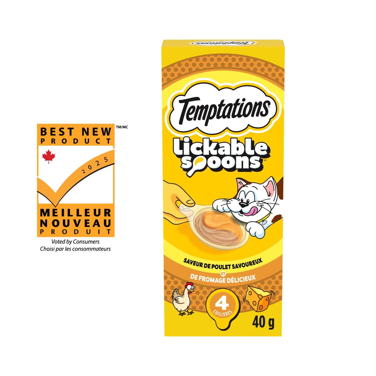 Gâteries pour chats TEMPTATIONS LICKABLE SPOONS saveur de poulet savoureux et de fromage délicieux 4x10 g