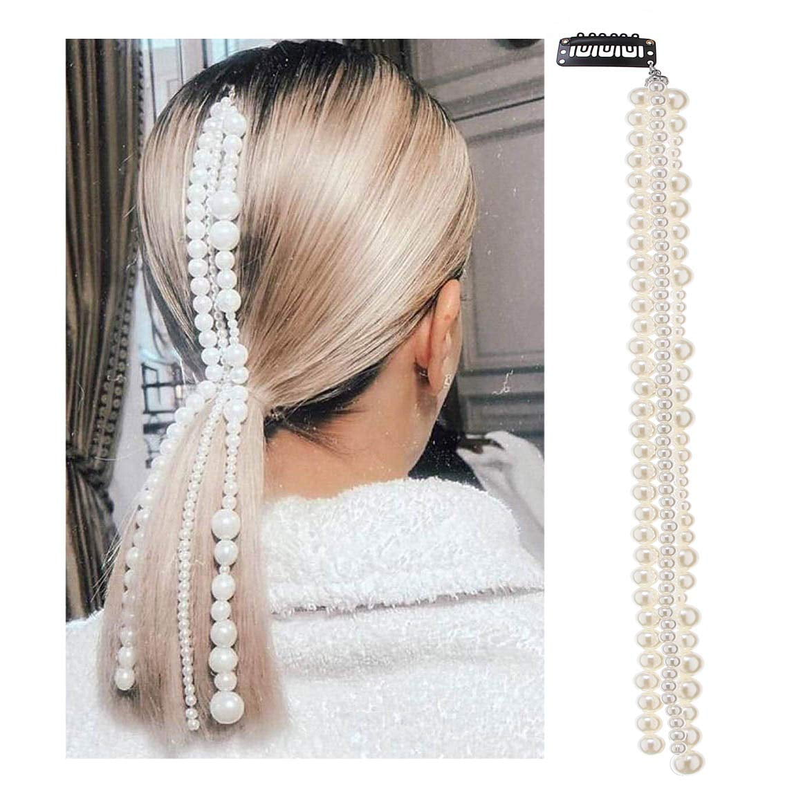 VONTER Pearl Hair Extension Chains White Long Tassel Multi Strand Hair Chain with Clips Ponytail