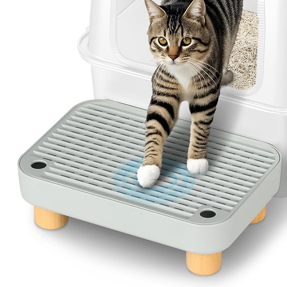 TIUUBT Litter Box Step(Light Grey), Litter Box Ramp/Catcher with Wooden Base, Ideal for Small & Elderly Cats, Anti-Tracking & Easy to Clean