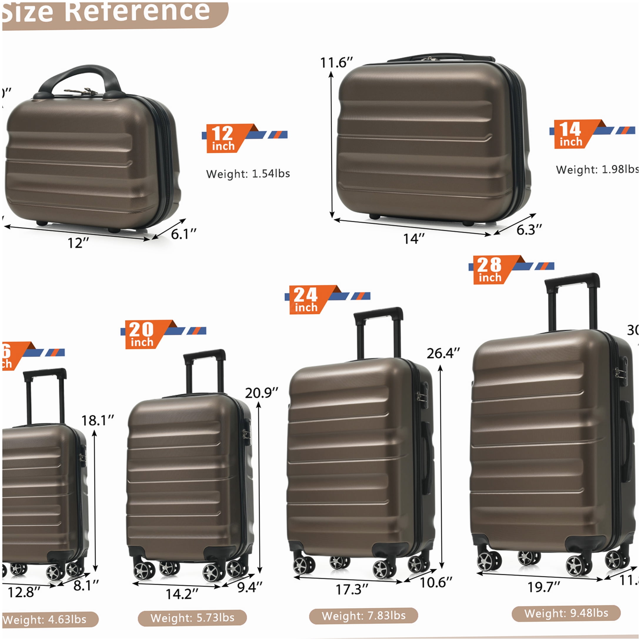 360° Spinner Wheel Luggage Set, 6-Piece ABS Hardshell Suitcases in Lightweight Design for Men and Women, Brown