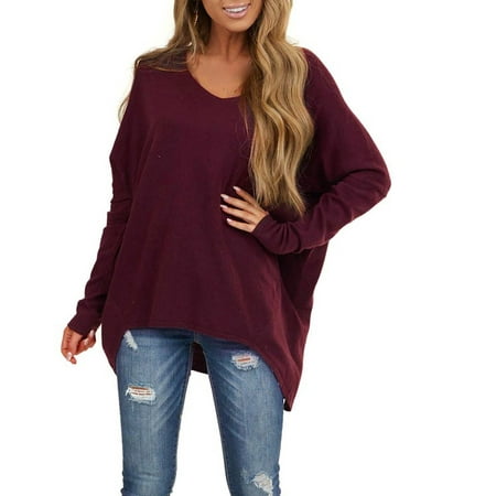 Scyoekwg Fall Long Sleeve Shirts for Womens Comfy Pullover 2022 Fashion Round Neck Off Shoulder Tunic Tops Classic Solid Color Casual Loose Fit Blouses Autumn Comfy Lightweight Wine M