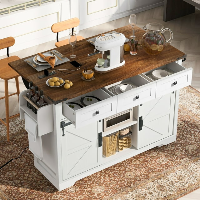 Euroco Farmhouse Kitchen Island with Power Outlet, 2 Sliding Barn Door, Kitchen Storage Island with Drop Leaf, Spice Rack, Rolling Kitchen Cart with Wheels, White