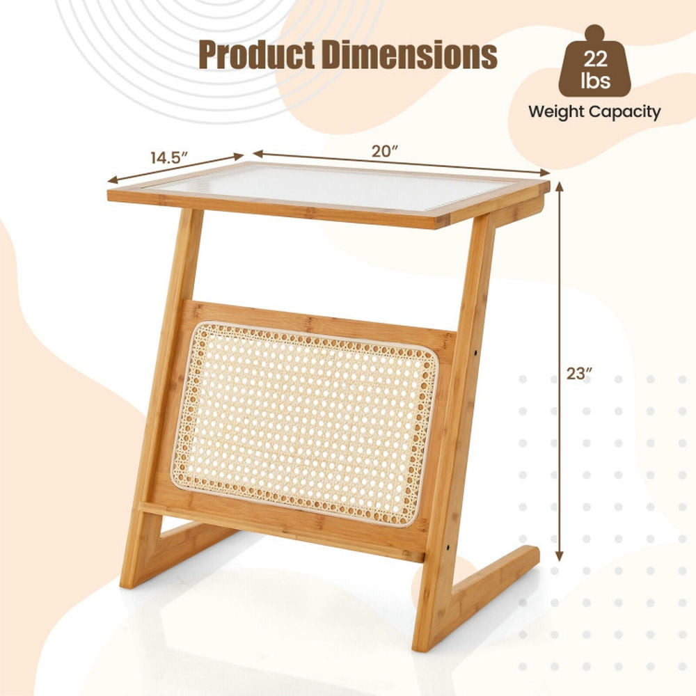 Finihen End Table, Z-shaped End Table with Magazine Rack and Rattan Shelf, Sofa Side Table, Bed Side Table, for Living Room, Bedroom, Natural Finihen End Table, Z-shaped End Table with Magazine Rack and Rattan Shelf, Sofa Side Table, Bed Side Table, for Living Room, Bedroom, Natural