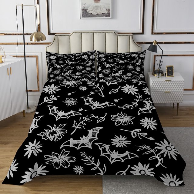 Erosebridal Halloween Bat Quilt Sets for Twin Size Bed, Gothic Bed Set, Cartoon Flower Print Decor 2pcs