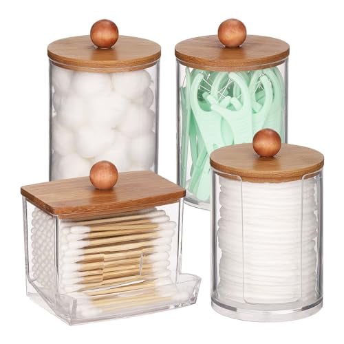 4 Pack Qtip Holder Restroom Bathroom Organizers and Storage Containers,10/7oz Plastic Cotton Ball/Swabs Dispenser Apothecary Jar with Bamboo Lids