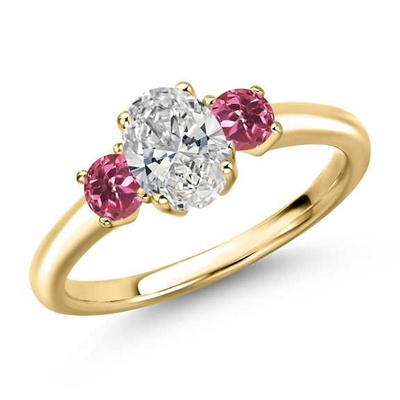 Gem Stone King 10K Yellow Gold DEF Lab Grown Diamond and Pink Tourmaline Engagement Ring for Women | 1.00 Cttw | Oval 7X5MM | Gemstone April Birthstone | Size 7