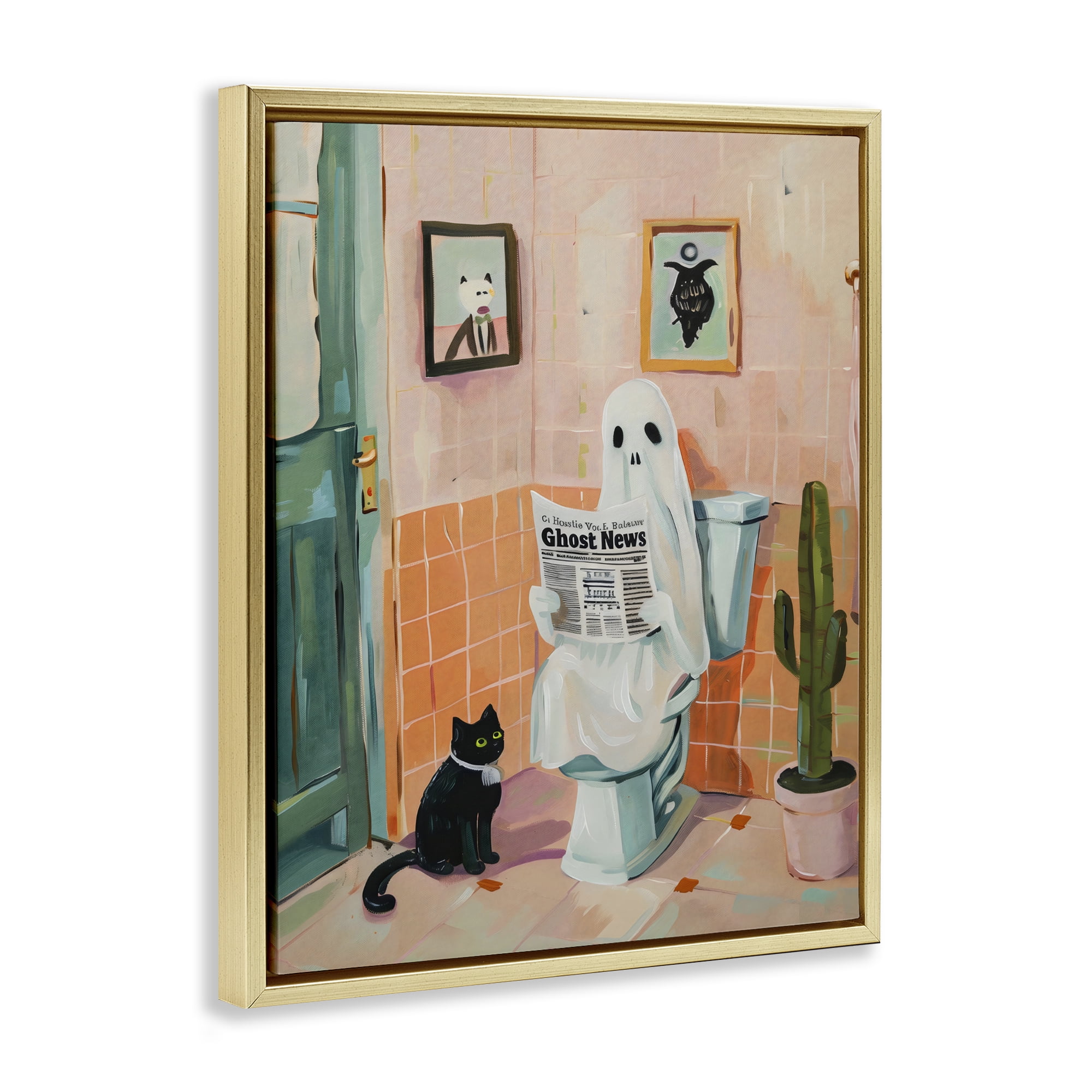 Stupell Industries Ghost Reading Newspaper Gold Framed Floater Canvas Wall Art, design by The Prints Vibe