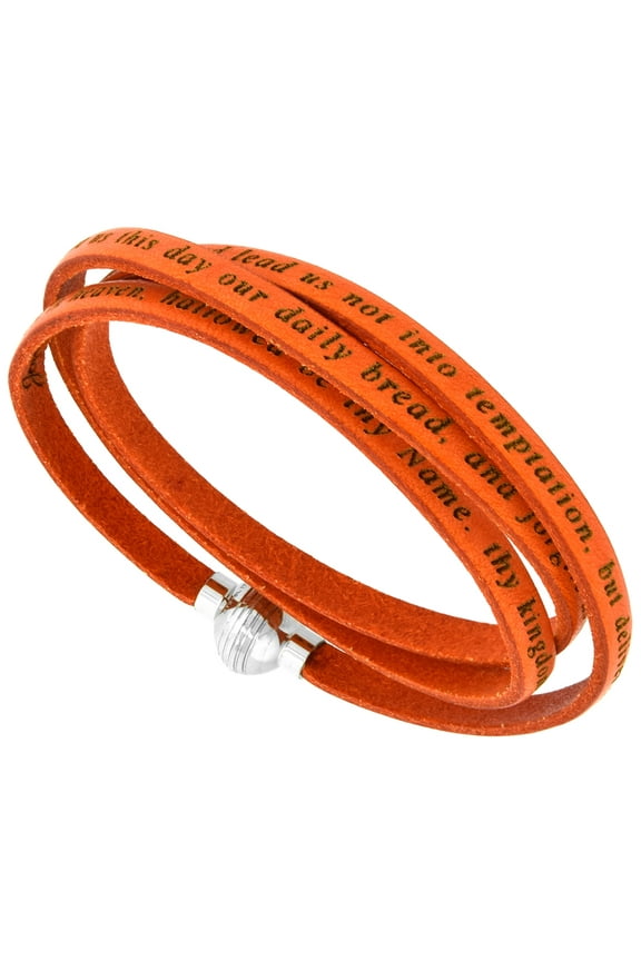 Italian Full Grain 3 Wrap Orange Leather Lords Prayer Bracelet Stainless Steel Magnetic Clasp 24 inch