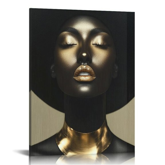 African American Women Black And Gold Canvas Wall Art For Living Bedroom Office Kitchen Decor Wood Frame Artwork Pattern Gifts