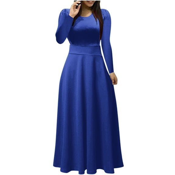 Cmfcve Dance Long Dresses for Woman Round Neck Long Sleeve Evening Gown Dress Elastic Waist Vacation Boho Dress Concert Outfit for Weeked