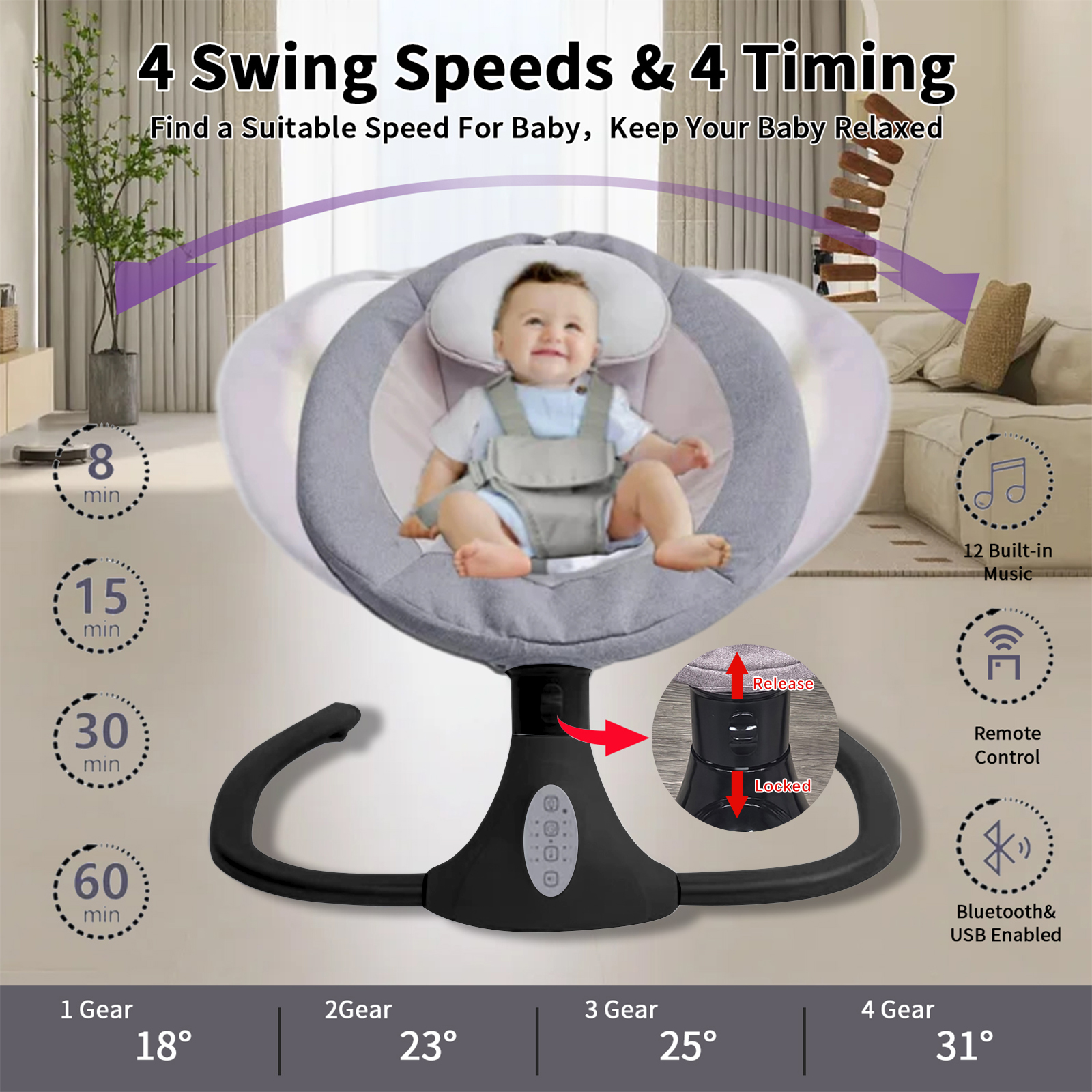 HAOUUCYIN Electric Baby Swing, bluetooth Music Infant Bouncer with 12 Lullabies for Boys Girls, Black&Gray