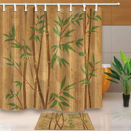 Hand Painted Bamboo Beaded Door (BPBOP Spa Decor Hand Painted Bamboo Branches on Wood Texture Shower Curtain 66x72 inches with Floor Doormat Bath Rugs 15.7x23.6)