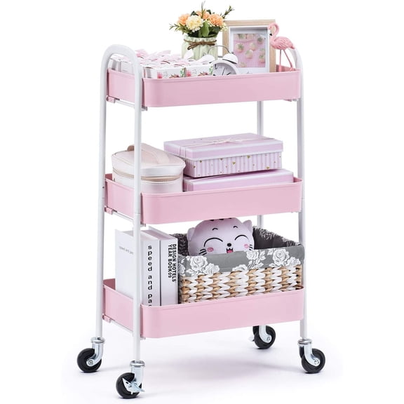 KK KINGRACK 3 Tier Rolling Cart, No Screw Metal Utility Cart, Easy Assemble Utility Serving Cart, Sturdy Storage Trolley with Handles, Locking Wheels, for Classroom Office Home Bedroom Bathroom, Pink