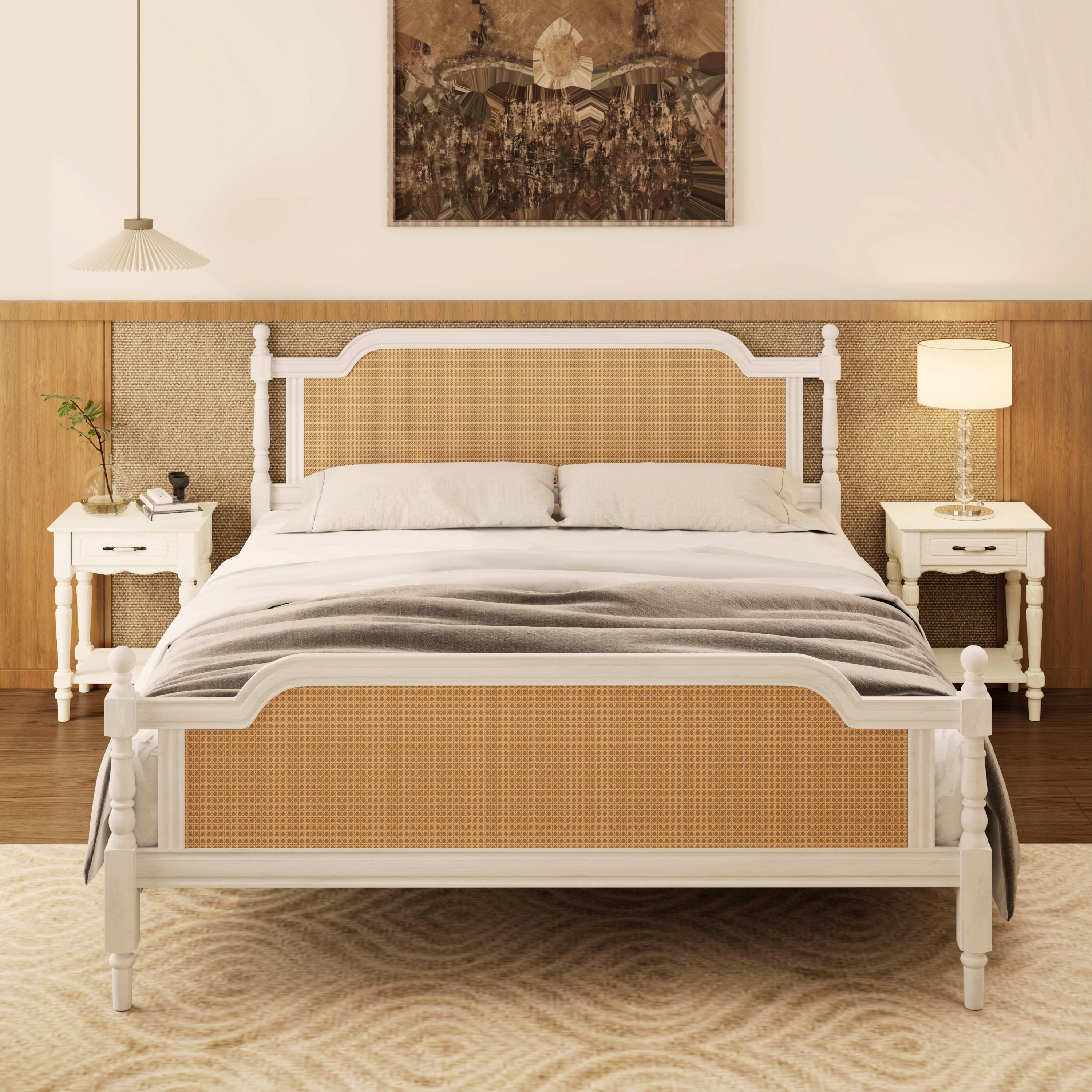 Noble House King Size Traditional Style Rattan Bed Frame,No Box Spring Needed,Antique White
