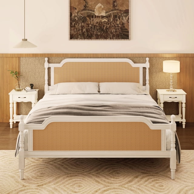 Noble House King Size Traditional Style Rattan Bed Frame,No Box Spring Needed,Antique White