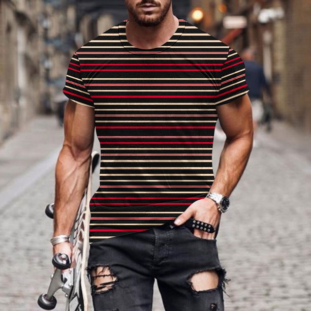 Tops para hombre, blusas y camisas de manga corta con cuello redondo para hombre, blusas de manga corta con cuello redondo y estampado de rayas para hombre, blusa para hombre