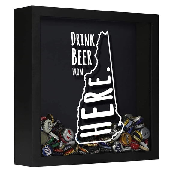 Torched New Hampshire Beer Cap Shadow Box Wall Mount Decor 13"x13"x3" Black