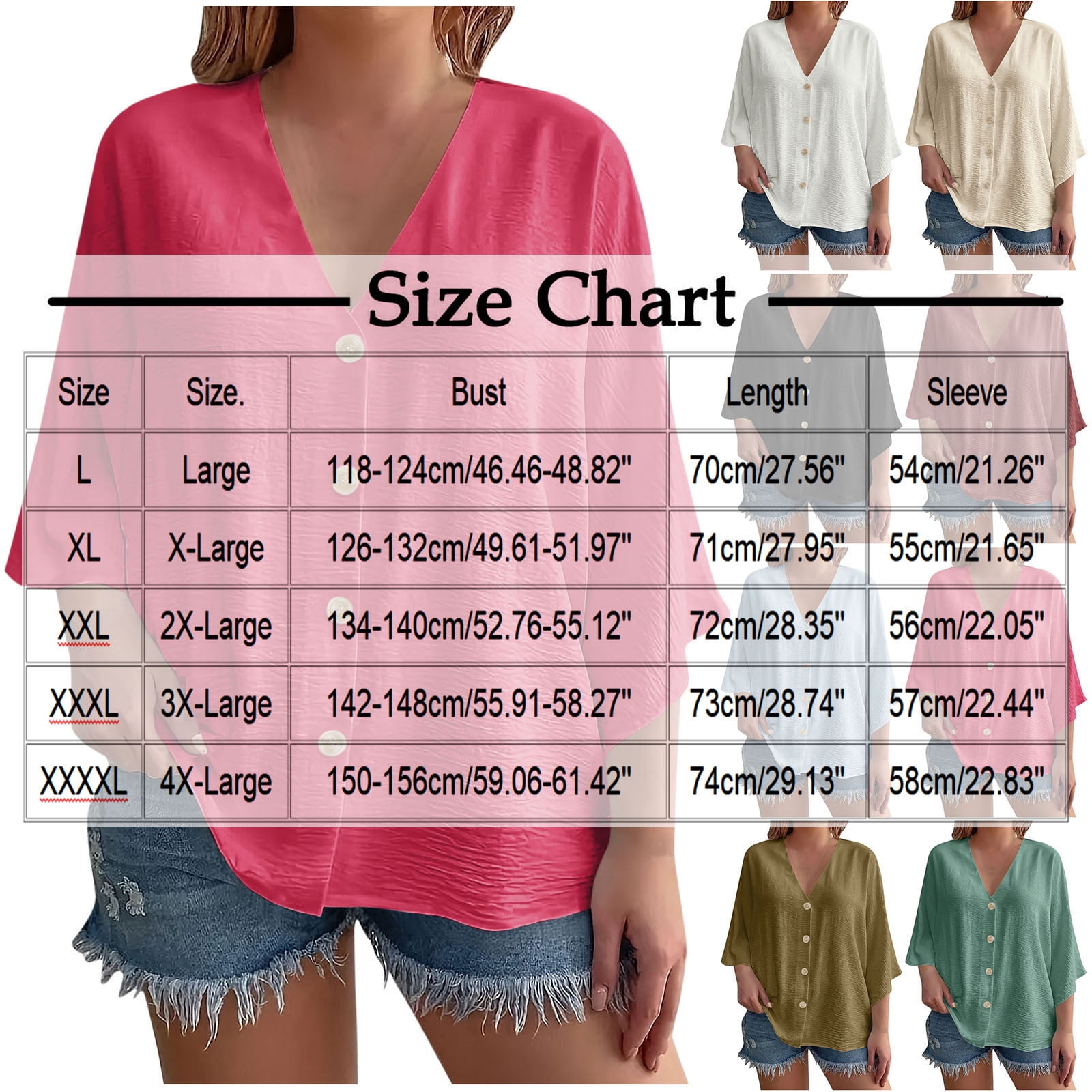 Button-Down Shirts for Women Plus Size L-4X Lightweight 3/4 Sleeve Blouses Tops Womens Casual Solid Color Loose V Neck Beach Cover Ups Tees Top