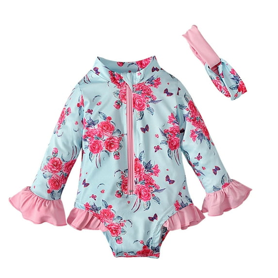 Eashery Swimsuits for Teens Baby Toddler Girls Long Sleeve Rash Guard 2 Piece Swimsuit Set Sky Blue 12 Months