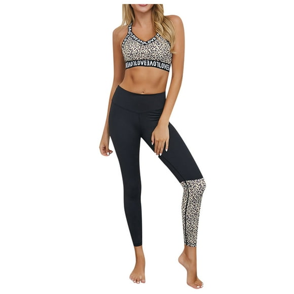 Birdeem Women Leopard Letter Print Crop Top High Waist Pant Sport Yoga Two-Piece Outfits