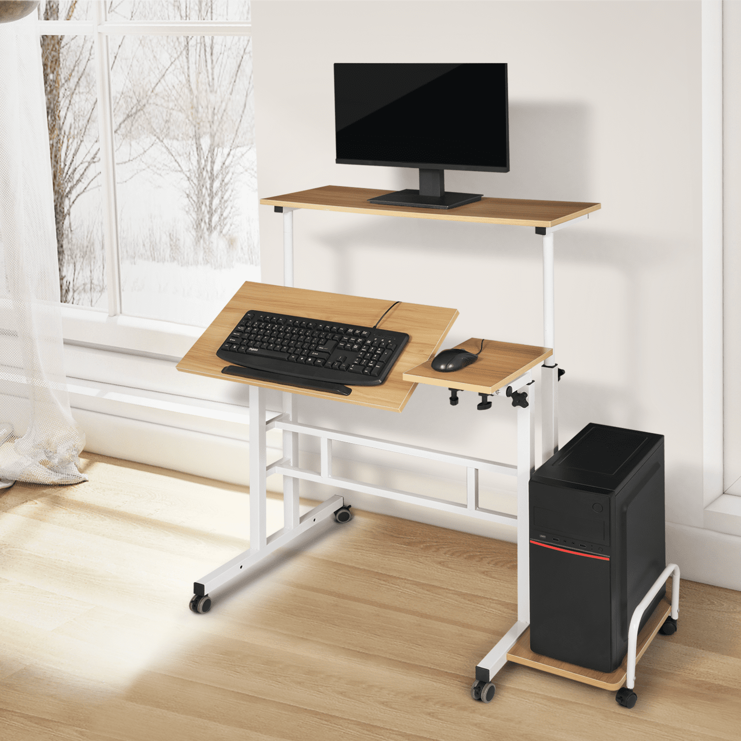 Magshion Complete Computer Workstation Desk, Rolling Standing Laptop Table with Monitor Shelf & Host Rack for Home, Natural