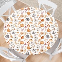 Fall Pumpkin Round Fitted Tablecloth with Elastic Thanksgiving Harvest Outdoor Tablecloth Waterproof Table Cover for Picnic Dinner Party Decor Fits 48"-52" Diameter Round Tables