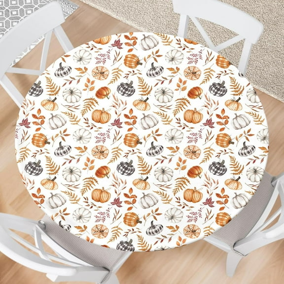 Fall Pumpkin Round Fitted Tablecloth with Elastic Thanksgiving Harvest Outdoor Tablecloth Waterproof Table Cover for Picnic Dinner Party Decor Fits 48"-52" Diameter Round Tables
