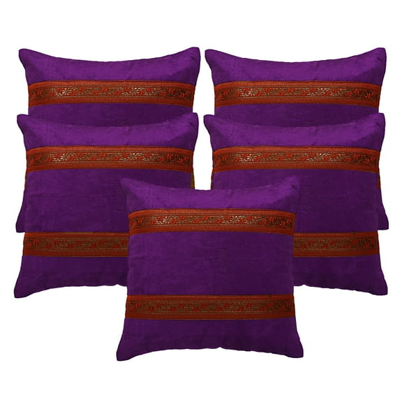 Stylo Culture Indian Chair Seat Throw Pillow Covers 16x16 Jacquard Purple Zippered 40x40 cm Bedroom Satin Velvet Floral Square Cushion Covers | Set Of 5