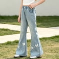 thumbnail image 5 of Spazoro Girls Denim Flare Pants with Pockets, Stretchy Butterfly Print . Loose Fit Elastic Waist Retro Bell Bottom Trousers for Daily Wear Blue Size 4-5T, 5 of 9